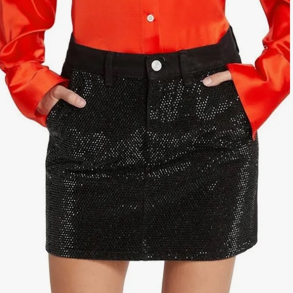 NWT FRAME Women’s Black Le Mini Rhinestone Jean Skirt in...